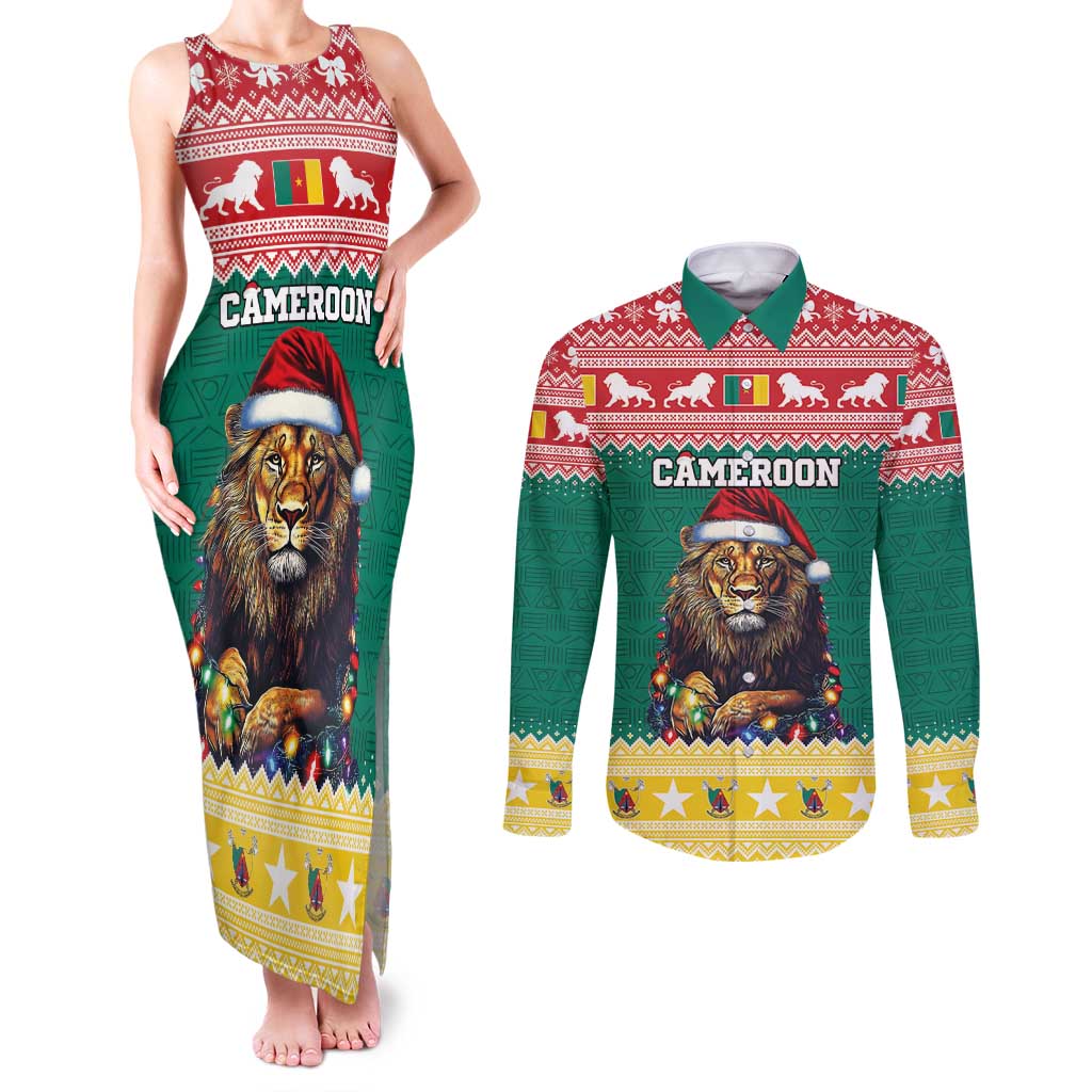 Cameroon Christmas Couples Matching Tank Maxi Dress and Long Sleeve Button Shirt Lion Santa Joyeux Noel - Wonder Print Shop