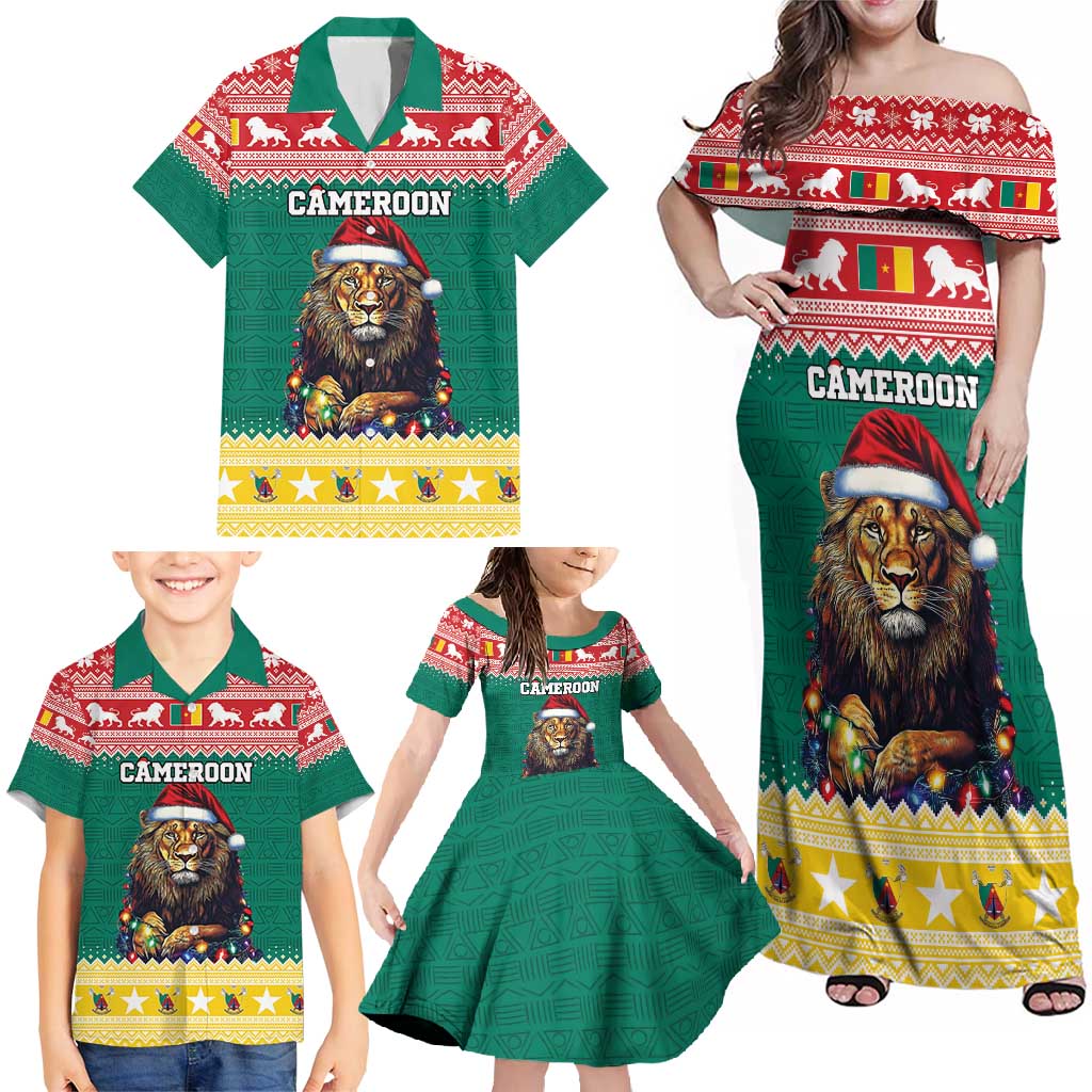 Cameroon Christmas Family Matching Off Shoulder Maxi Dress and Hawaiian Shirt Lion Santa Joyeux Noel - Wonder Print Shop