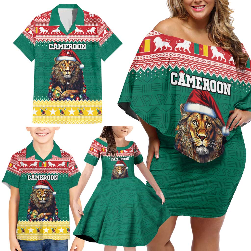 Cameroon Christmas Family Matching Off Shoulder Short Dress and Hawaiian Shirt Lion Santa Joyeux Noel - Wonder Print Shop