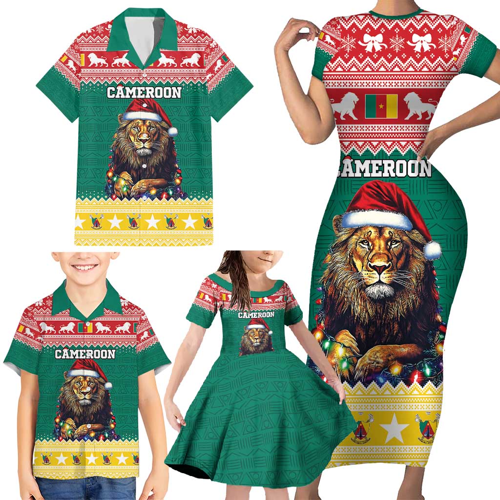 Cameroon Christmas Family Matching Short Sleeve Bodycon Dress and Hawaiian Shirt Lion Santa Joyeux Noel - Wonder Print Shop