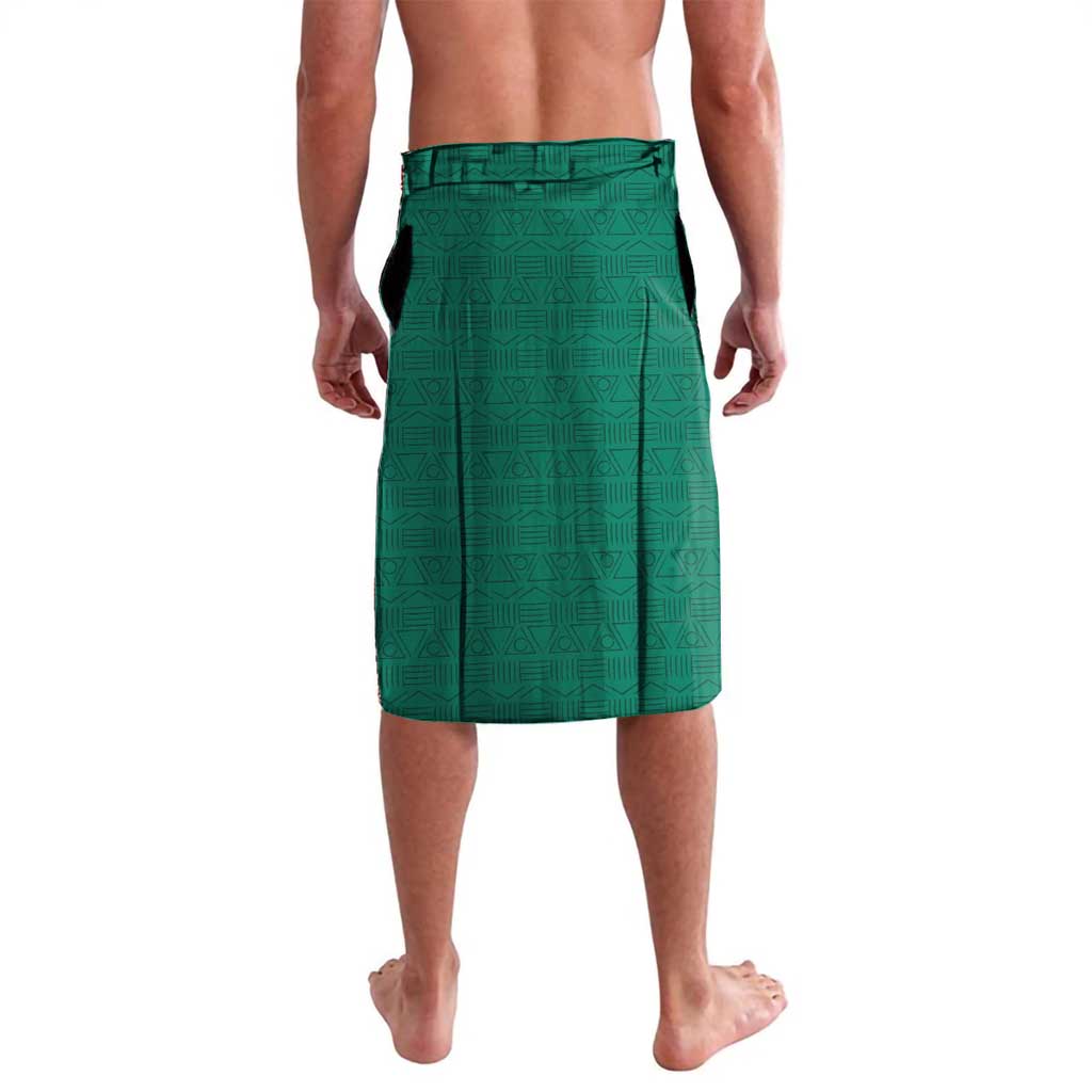 Green lavalava wrap skirt, back view with geometric pattern and drawstring hem