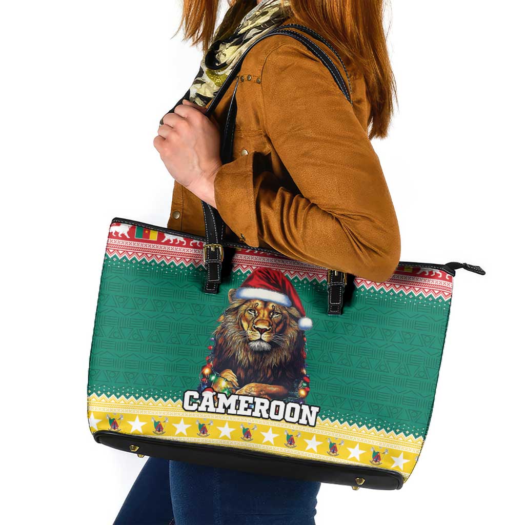 Cameroon Christmas Leather Tote Bag Lion Santa Joyeux Noel - Wonder Print Shop