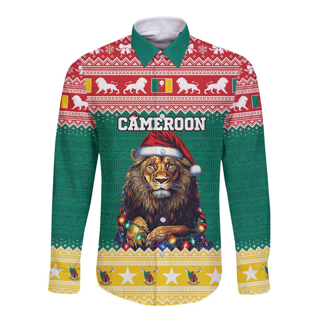 Green long-sleeve button shirt with red/white holiday pattern and lion Santa graphic
