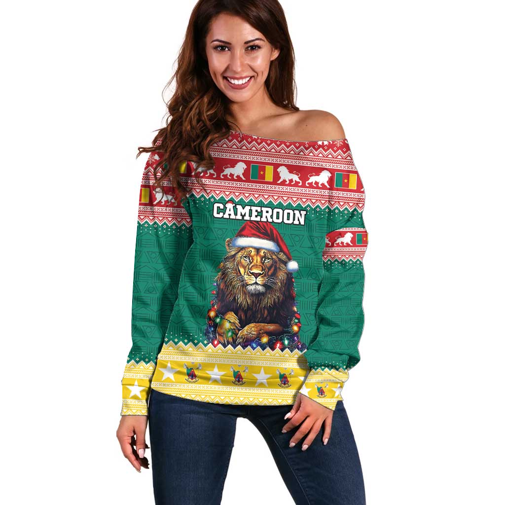 Cameroon Christmas Off Shoulder Sweater Lion Santa Joyeux Noel - Wonder Print Shop