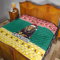 Bedspread-style quilt in green with lion-in-hat artwork and CAMEROON headline