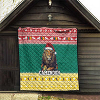 Quilt framed outdoors: green lion Santa hat graphic with CAMEROON name across the center