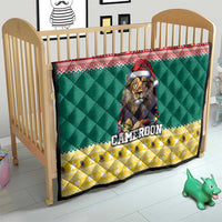 Green baby bed quilt with lion in a Santa hat and “CAMEROON” text, star border