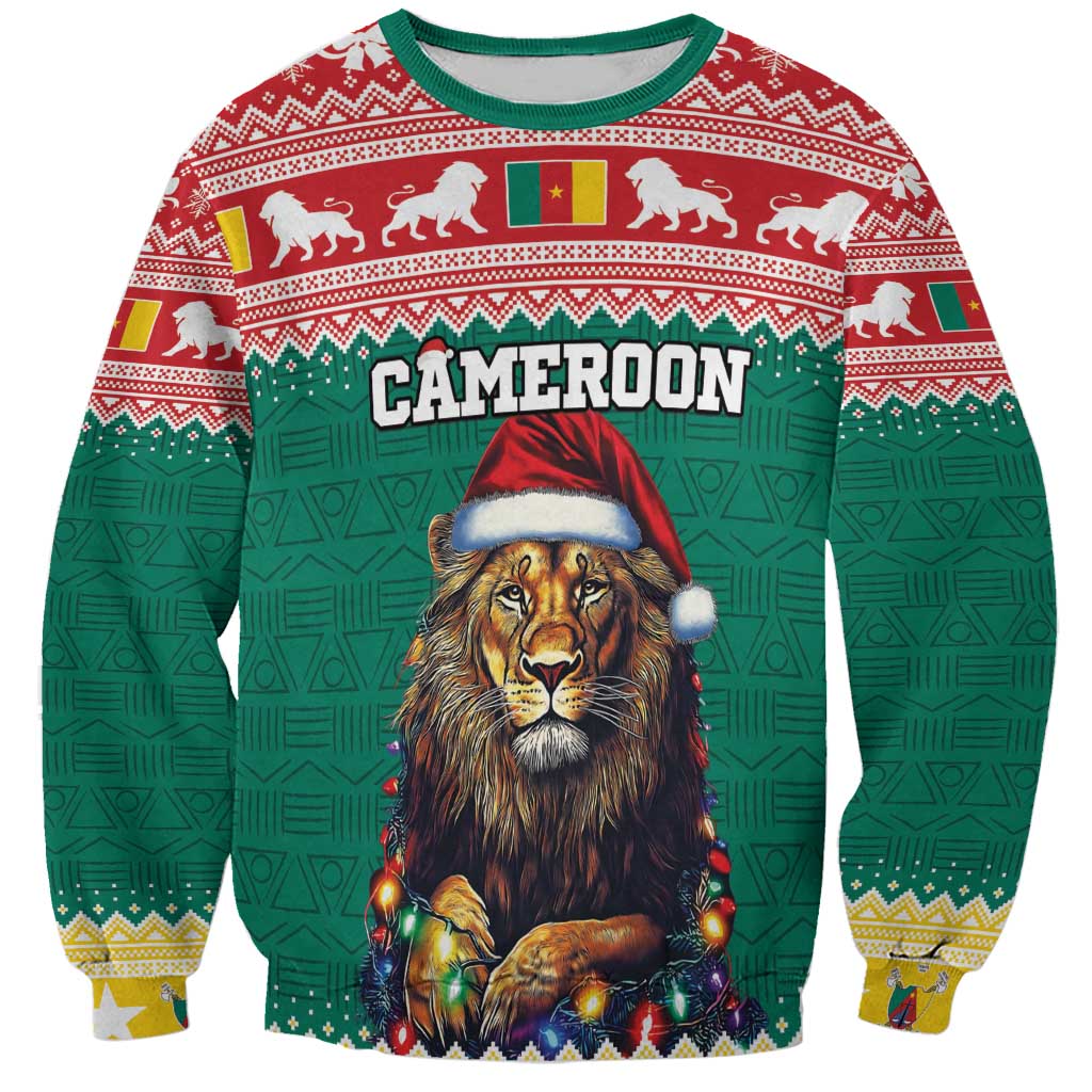 Green Christmas sweatshirt, lion in Santa hat with 'CAMEROON' graphic, long sleeves