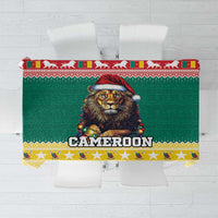 Green square tablecloth with lion Santa graphic and Cameroon text, festive patterned border