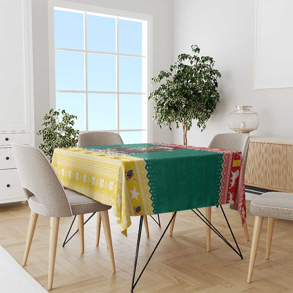 Festive green tablecloth with star border, yellow patterned trim, and red decorative accents