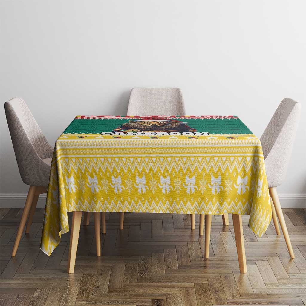 Yellow patterned Christmas tablecloth with green stripe and red decorative edge