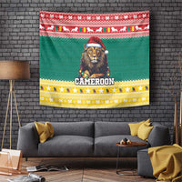 Green Christmas tapestry with roaring lion wearing Santa hat and Cameroon text