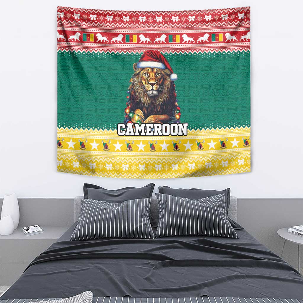 Green Christmas tapestry featuring lion in Santa hat, Cameroon lettering, festive border