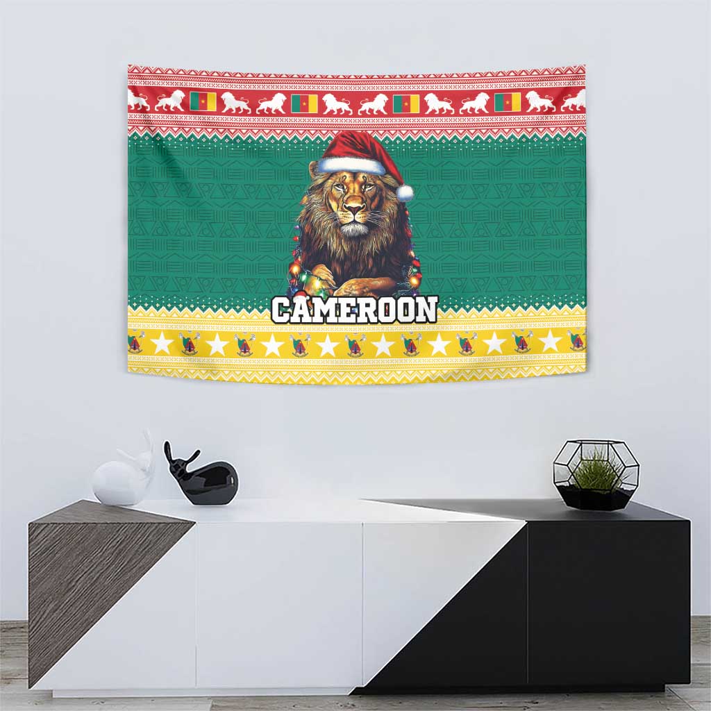 Green Christmas tapestry with lion portrait, Santa hat, Cameroon name, patterned trim