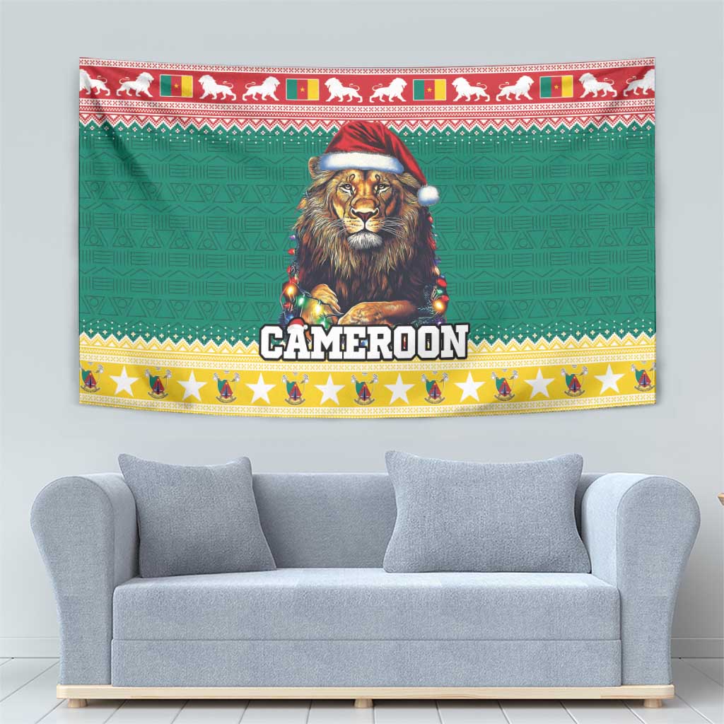 Green Cameroon Christmas tapestry with lion wearing Santa hat and 'CAMEROON' banner