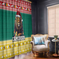 Christmas window curtain panel, green with lion in Santa hat, red band, stars, and stripes