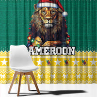 Christmas window curtain panel, green with lion wearing a red Santa hat and yellow star border