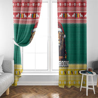 Christmas window curtain panels, green with lion artwork, red valance, and yellow decorative hem