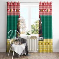Christmas window curtain panels, green with lion wearing Santa hat and CAMEROON lettering