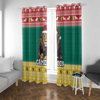 Christmas window curtain panels, green with lion illustration, red top strip, and yellow star border