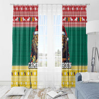 Christmas window curtain pair, green panels with lion in Santa hat, red valance, and yellow stars