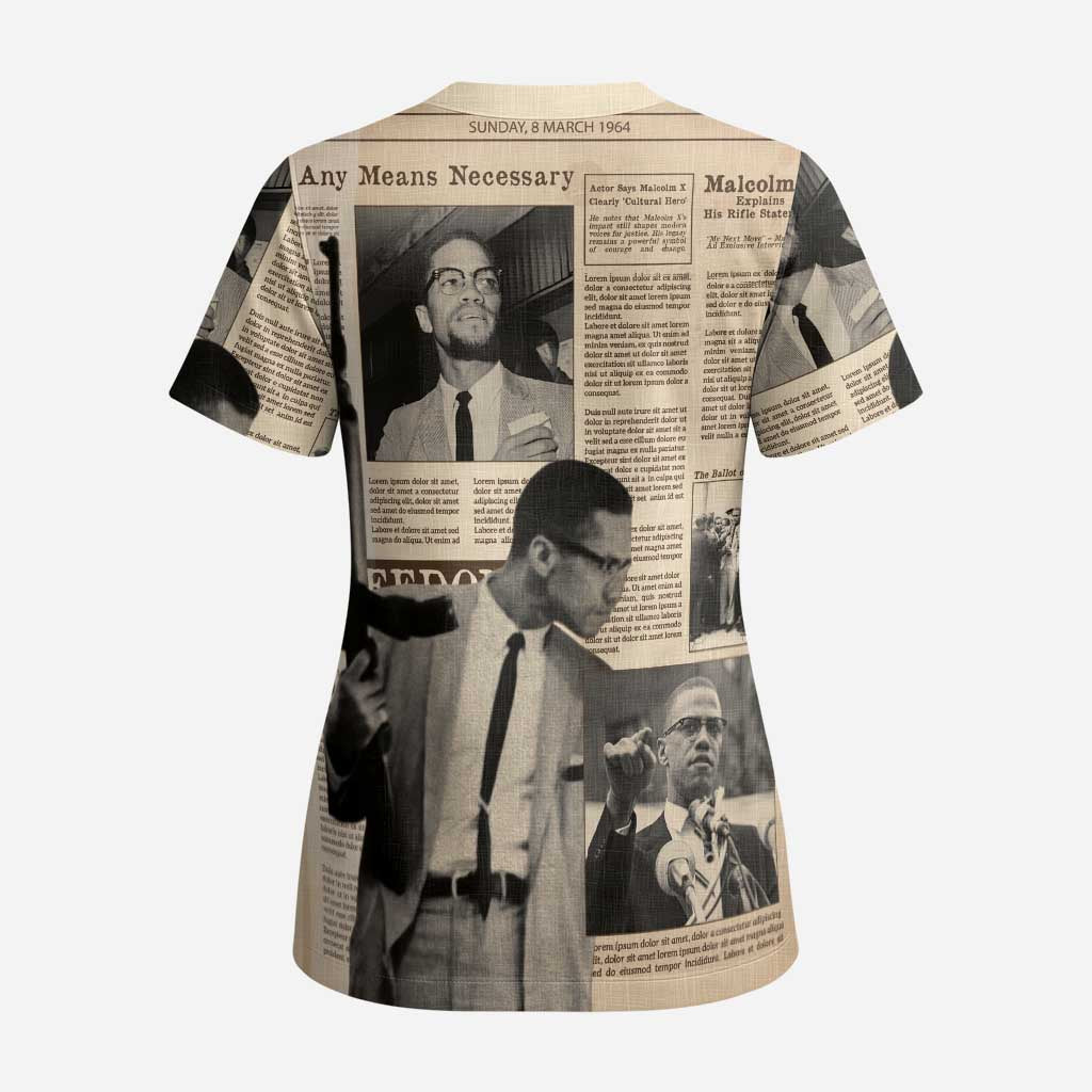 Malcolm X Scrub Top Vintage Newspaper Print Style - Wonder Print Shop