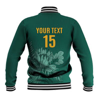 Green baseball jacket with striped ribbed collar, back 'YOUR TEXT' and '15' graphic