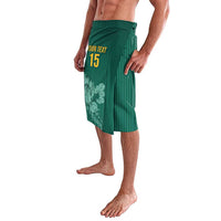 Men's green cricket lavalava with 'YOUR TEXT' and yellow '15' side view