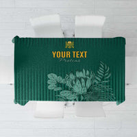 Green custom cricket tablecloth with central logo and floral leaf design