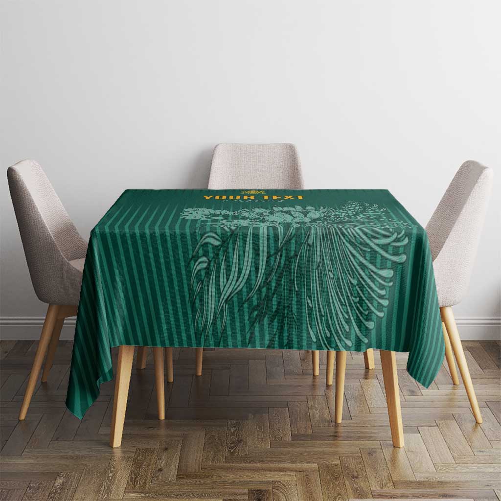 Green cricket tablecloth on small table with leaf and striped decorative pattern