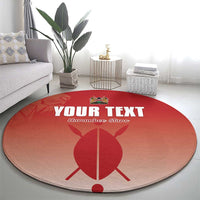 Red round football carpet on living room floor with "YOUR TEXT" and Harambe Stars emblem