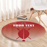 Red round football carpet with "YOUR TEXT" and Harambe Stars emblem on wooden floor