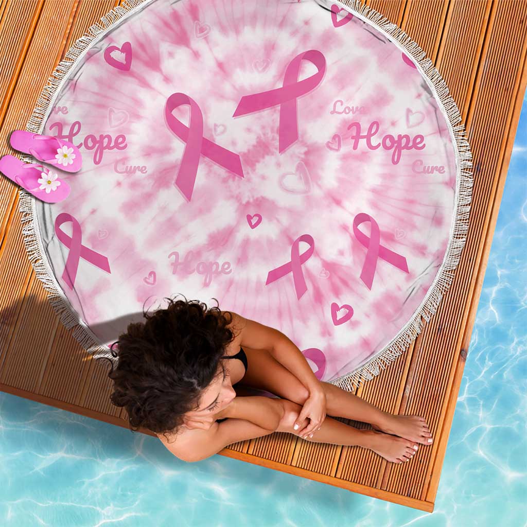 Pink ribbon tie-dye round beach blanket with fringe border and Hope hearts