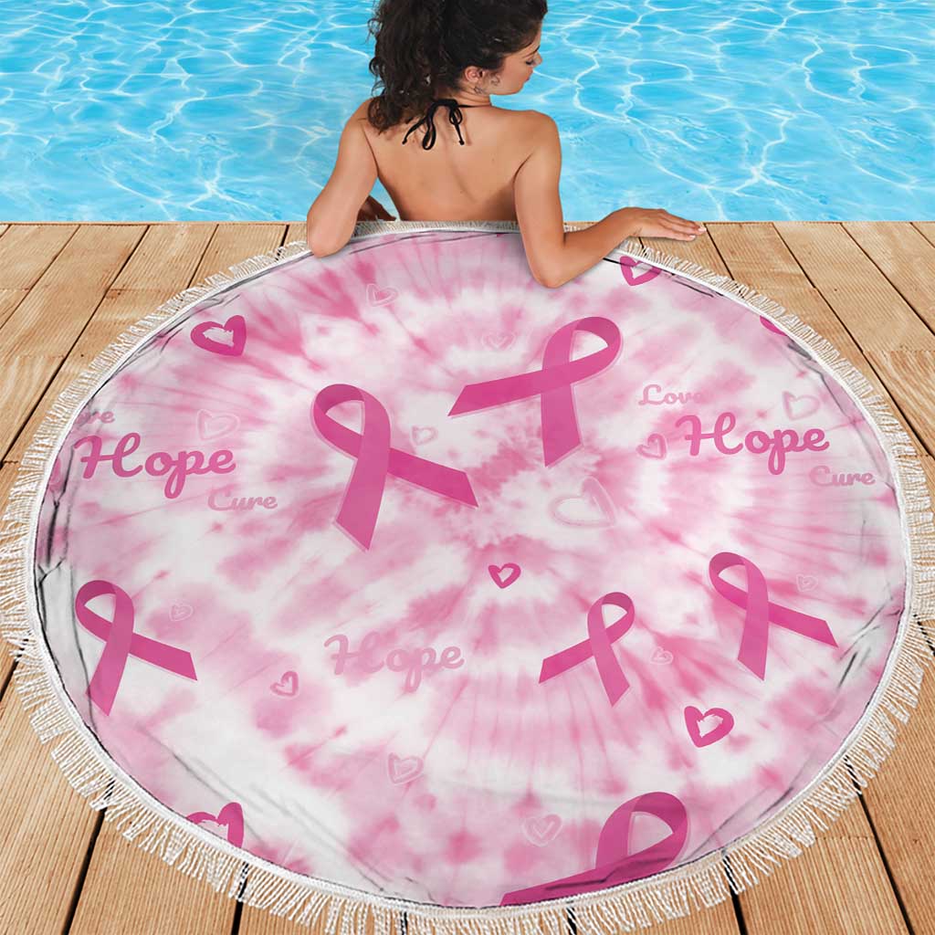 Round pink breast cancer awareness blanket with pink ribbon print and tassel fringe