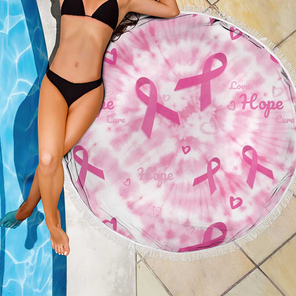 Breast cancer awareness beach blanket: round pink tie-dye with ribbon pattern and fringe