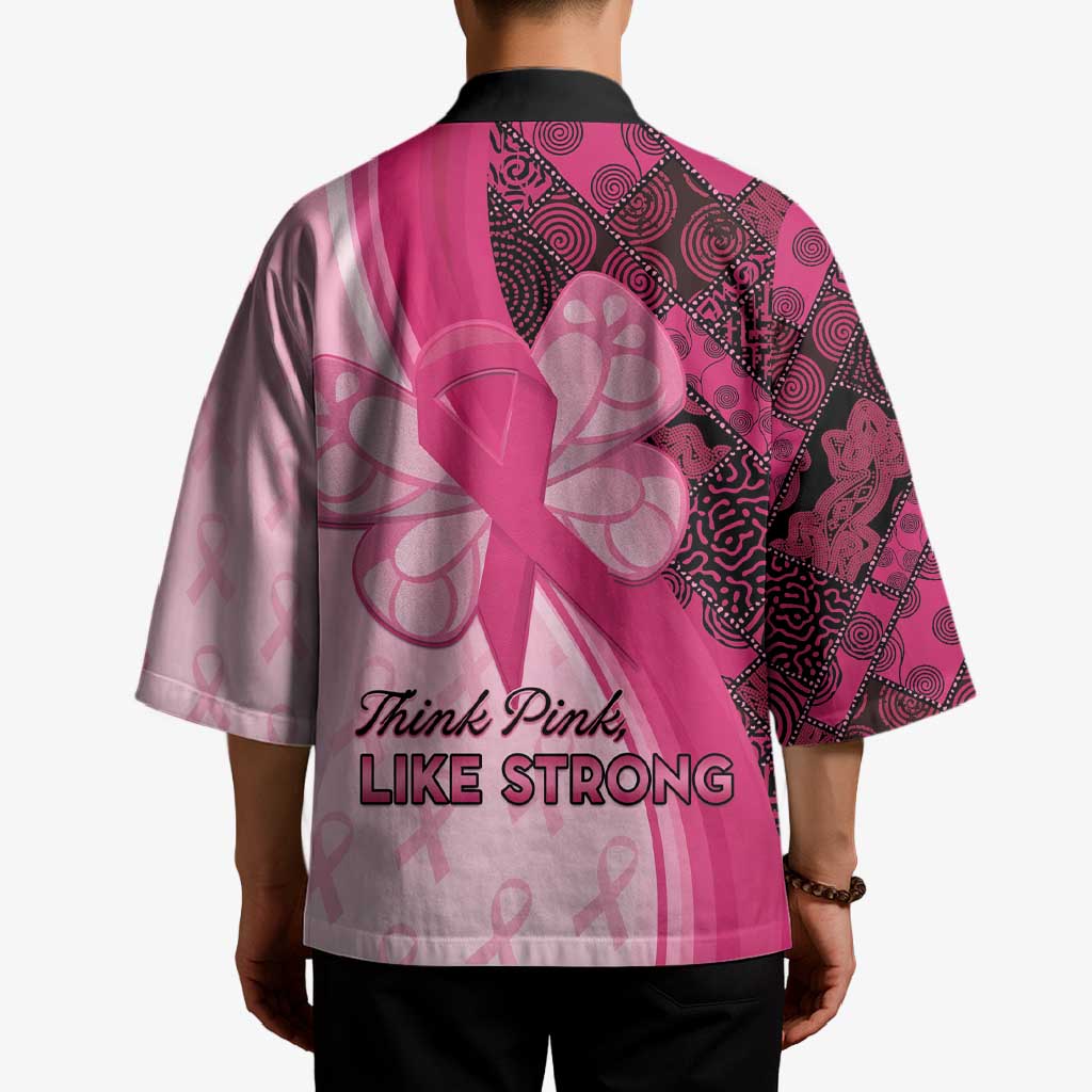 Back view of pink graphic kimono with 'Think Pink Like Strong' and ribbon-heart motif.