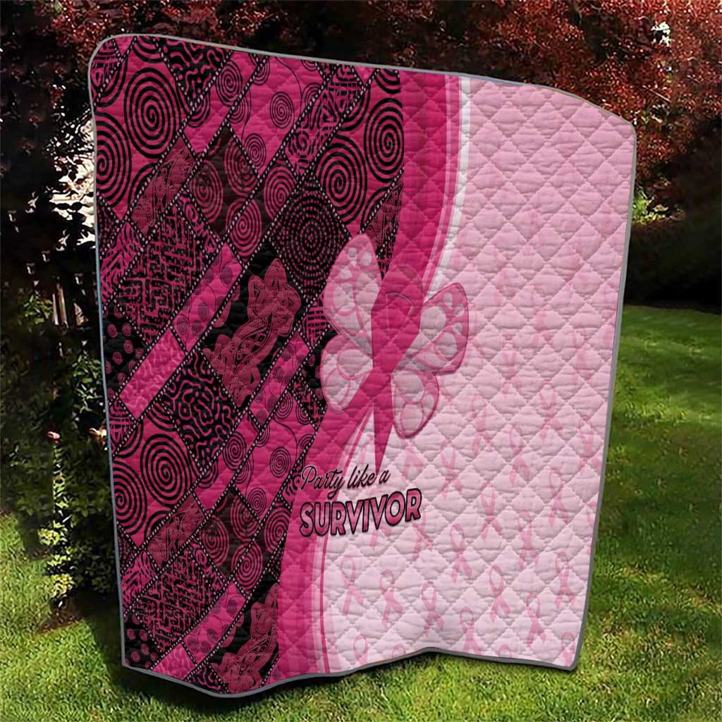Pink and dark maroon quilt with diagonal patterned panels, quilt stitching, and “Survivor” graphic