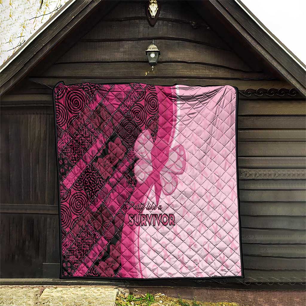 Pink and maroon quilt with quilted diamond texture, diagonal blocks, and “Survivor” lettering