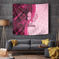 Pink breast cancer awareness tapestry with ribbon pattern and “Party like a SURVIVOR” text