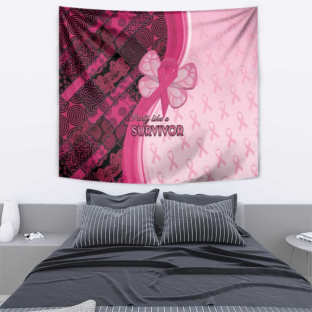 Pink awareness tapestry with ribbon icons, flower, and “Party like a SURVIVOR”