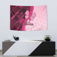 Pink breast cancer awareness tapestry with ribbon icons and “Party like a SURVIVOR”
