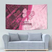 Pink breast cancer awareness tapestry with pink ribbon accents and “Party like a SURVIVOR”