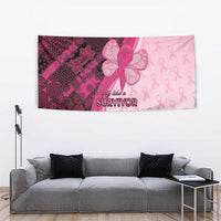 Pink awareness tapestry with ribbon bow and “Party like a SURVIVOR”