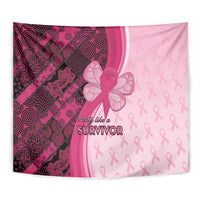 Pink and dark pink awareness tapestry with ribbon icons and “Party like a SURVIVOR”