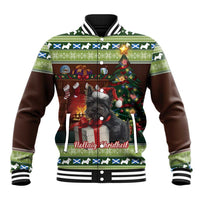 Unisex brown and green Scottish terrier Christmas baseball jacket with striped collar