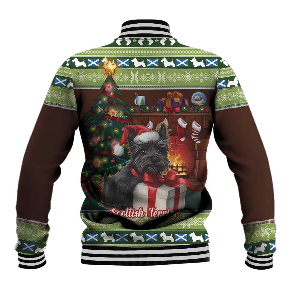Unisex brown and green Christmas baseball jacket with terrier graphic on back, striped cuffs