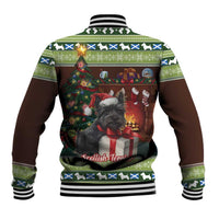 Unisex brown and green Christmas baseball jacket with terrier graphic on back, striped cuffs