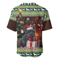 Green and brown baseball jersey with Scottish terrier portrait, tree, and gifts print