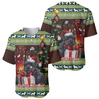 Green and brown Christmas baseball jersey with Scottish terrier and gifts graphic, two views