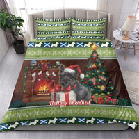 Christmas bedding set: green patterned duvet with terrier face, tree and dog-silhouette border